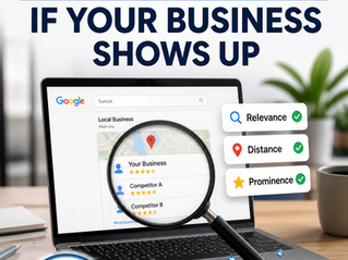 Graphic showing a laptop with a Google search for a local business, highlighted by a magnifying glass, alongside icons for relevance, distance, and prominence, with the 3rd Coast Media Marketing logo and water splash design—illustrating how Google determines search rankings.