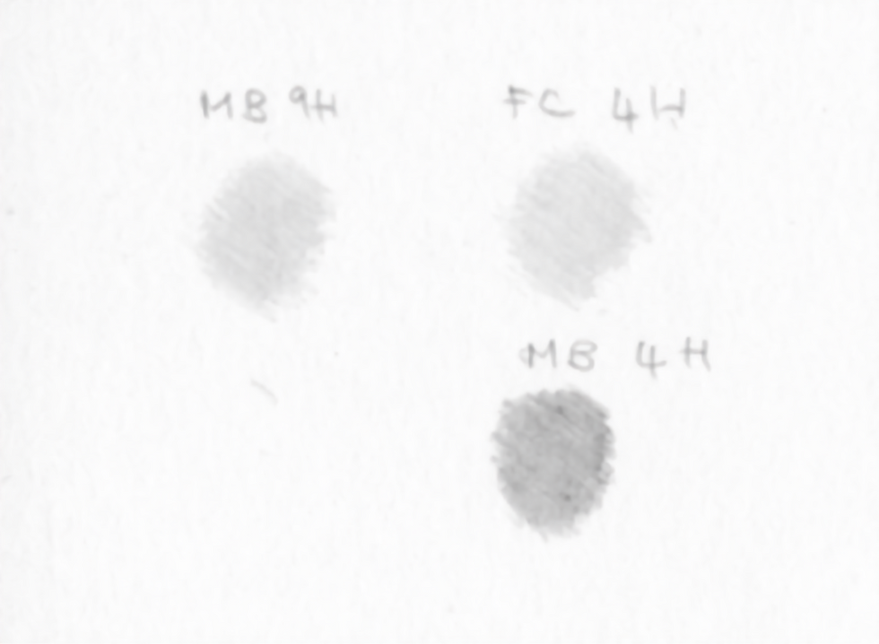 You can see on the upper right-hand side that that the Faber Castell 4H  and Mitsu-bishi (MB) 4H  beneath it - are completely different - The most similar grade to the FC 4H  is the MB 9H  (top left)
