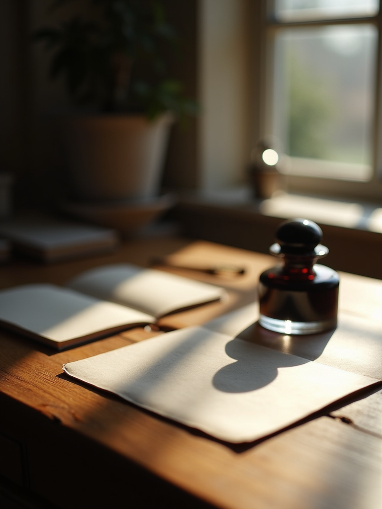 A traditional glass inkwell sitting on a rustic wooden desk under soft dramatic lighting