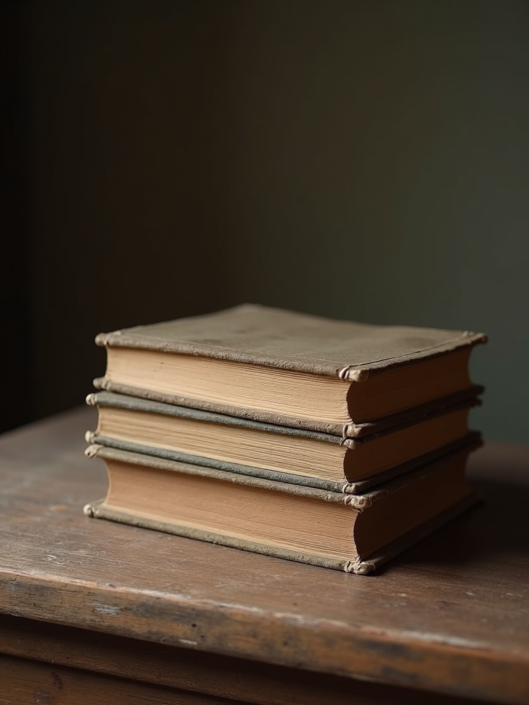 A stack of aged hardcover books with gold embossed lettering on the spines