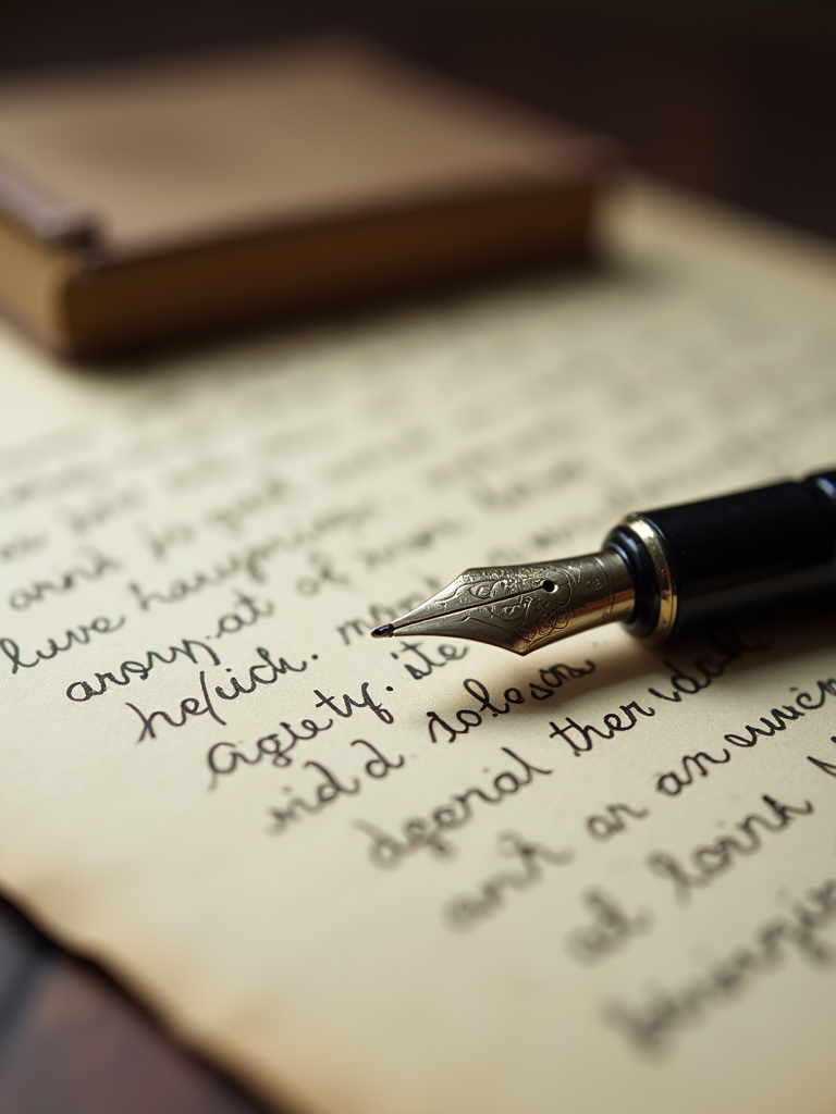 A vintage fountain pen resting on a piece of weathered parchment with handwritten cursive