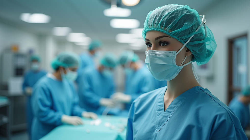 Close-up view of healthcare training mannequin with medical equipment