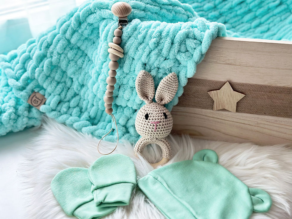 handgemachte Babydecke, neugeborenen Set, Nuggikette, Spielzeug, Geschenk zur Geburt, Mint Farbe