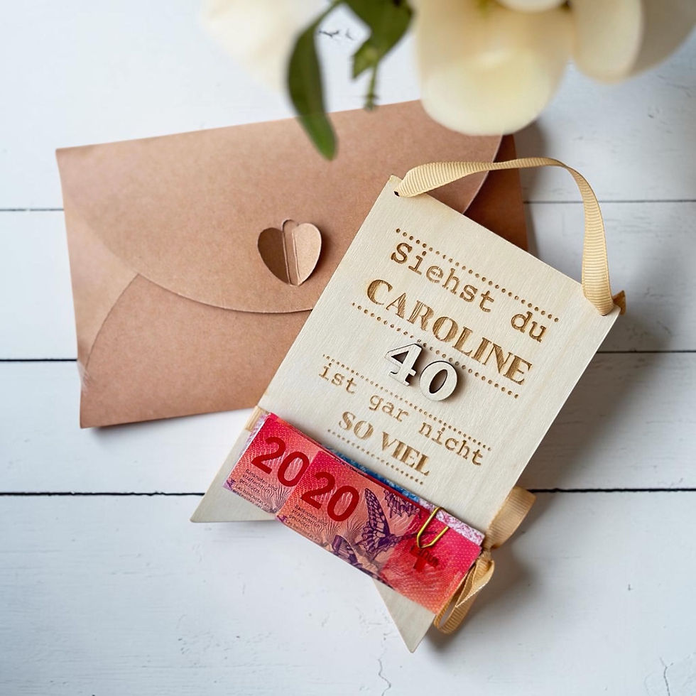Geldkarte personalisiert zum Geburtstag aus Holz. Geschenk zum Jubileum