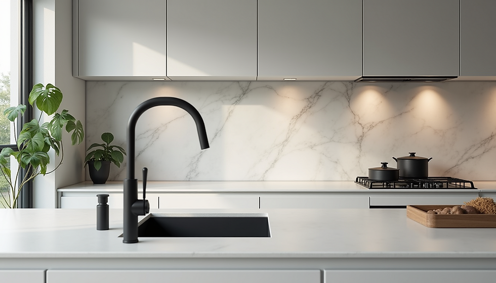 A modern kitchen showcasing the elegance of matt black fixtures against white cabinetry