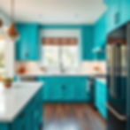Eye-level view of a kitchen with bright turquoise cabinetry and contrasting white countertops