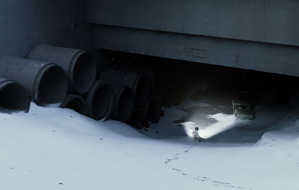 Одинокий герой рядом с гигантским сооружением в концепте новой игры Playdead