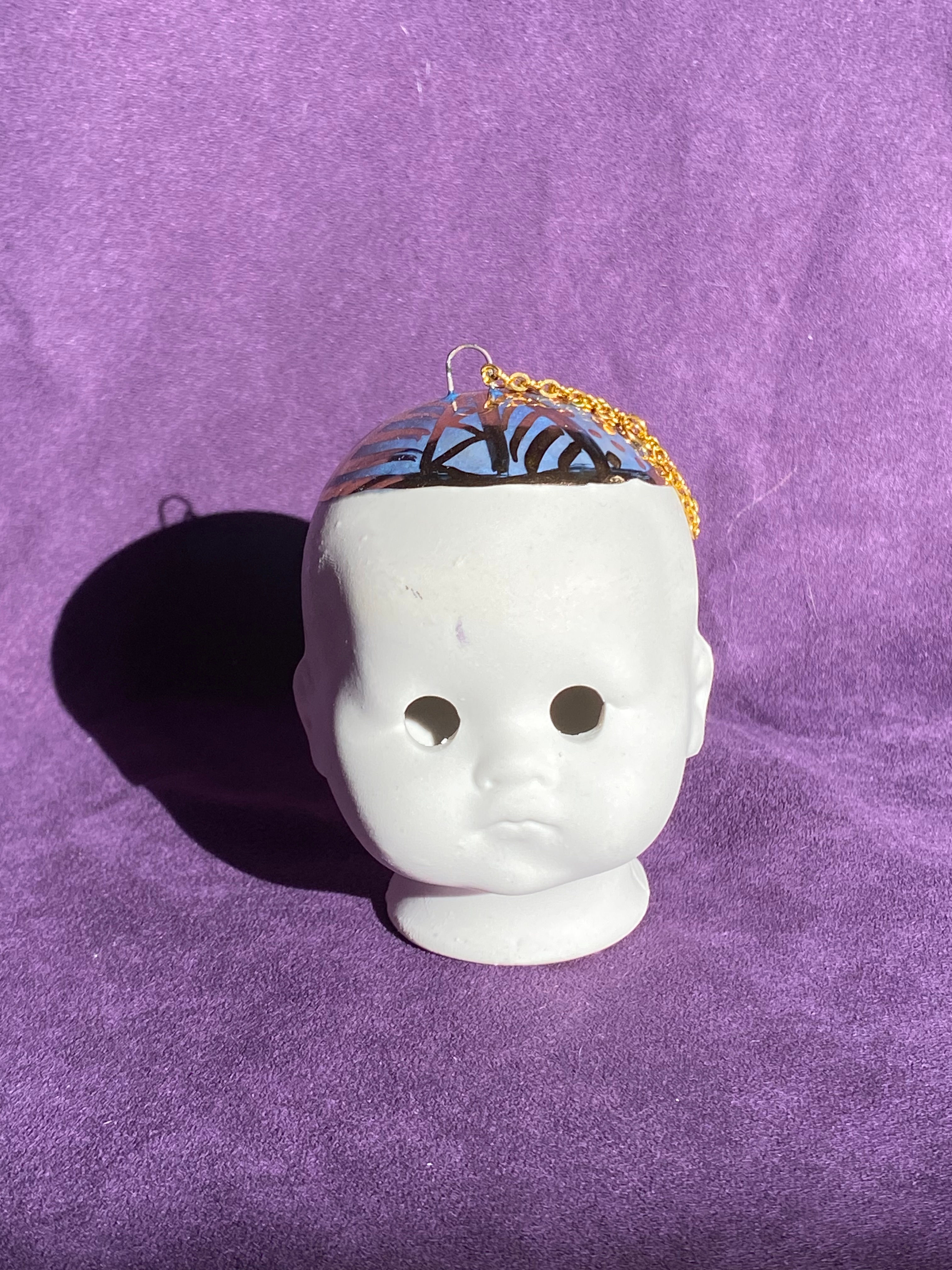 Porcelain Baby Head Ornament- Blue with Gold Accents