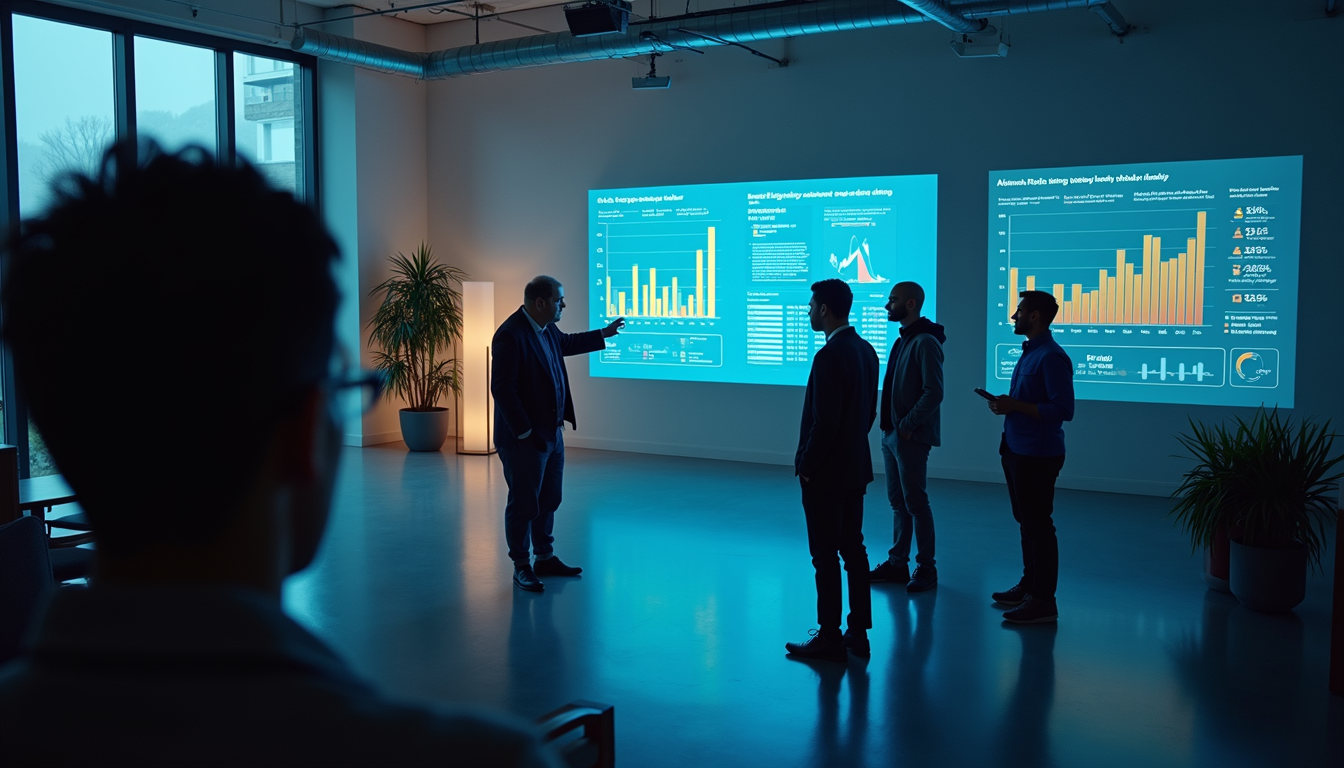 High angle view of a nonprofit team analyzing fundraising data on a large screen