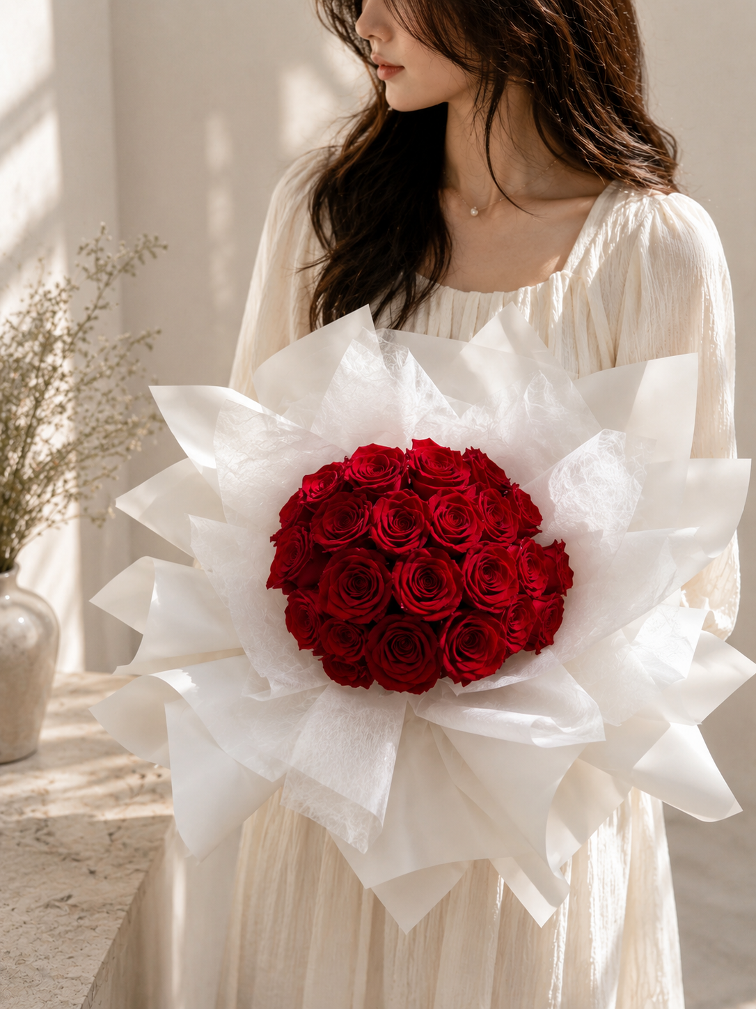 Red everlasting rose bouquet with elegant white layered wrapping by The Dancing Flowers Singapore