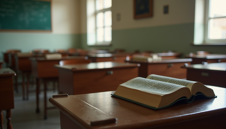 Eye-level view of a quiet mosque classroom with Quranic texts on desks