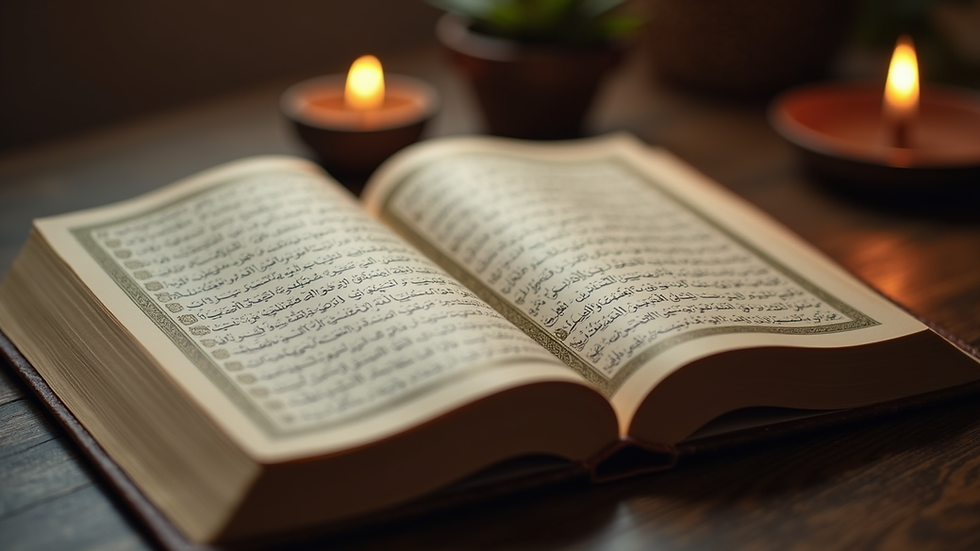Close-up view of an open Quran with clear Arabic script