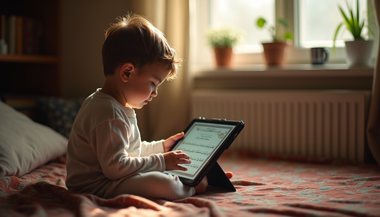Eye-level view of a child studying Quran on a tablet at home