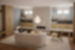 Private spa and Finnish sauna lounge within a wellness retreat, featuring bespoke limestone fireplace, timber panelling and terracotta herringbone flooring.