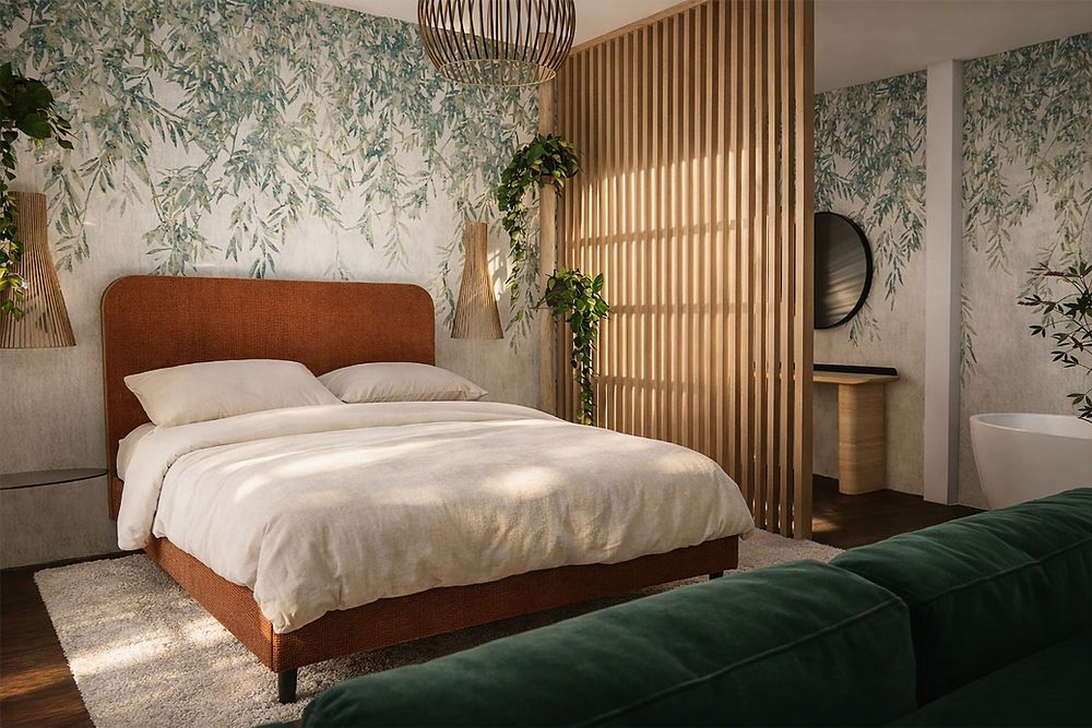 Nature-inspired, Scandinavian style bedroom in a Grade II listed building with slatted timber screen, freestanding bath, bespoke sofa and restored timber floorboards.