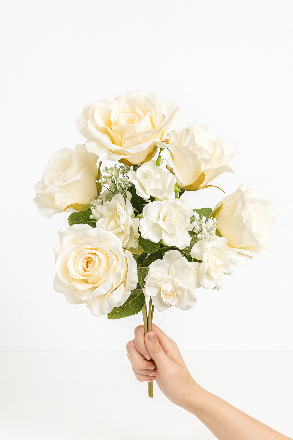 Buquê de Rosas Creme e Brancas Luxo 43cm – Coleção Grand Flora