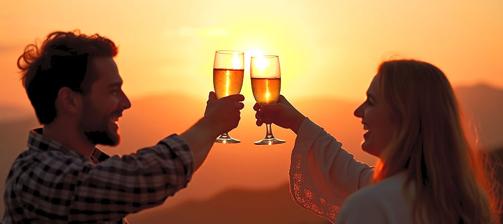Un groupe d'amis souriants levant leurs verres devant un fourgon aménagé garé dans un pays