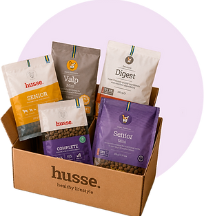 Caja con muestras de pienso Husse para gatos y perros