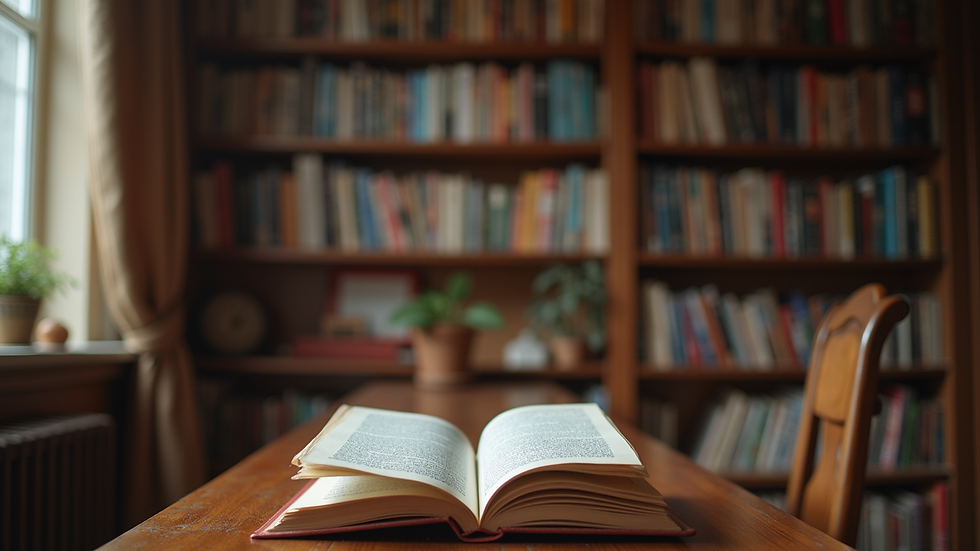 Eye-level view of a cozy reading nook filled with books