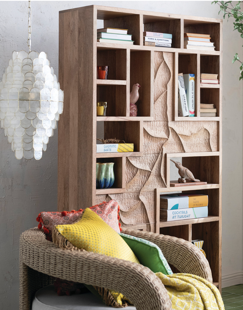 Carved Mango Wood Two-Sided Shelf with 22 Compartments (Sits Vertically or Horiz