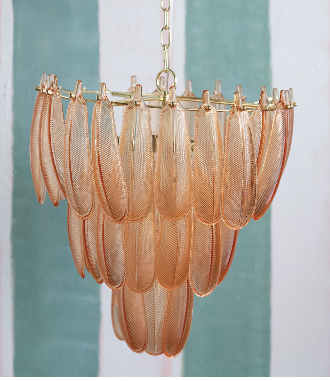 Hanging Glass Chandelier, 7 Lights,  Gold Finish & Blush