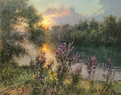 ,,Утро на реке Мезыбь,, х.м 55х70 2022г.