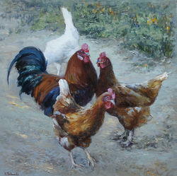 ,,Петух и куры,, х.м 45х45 2014г.