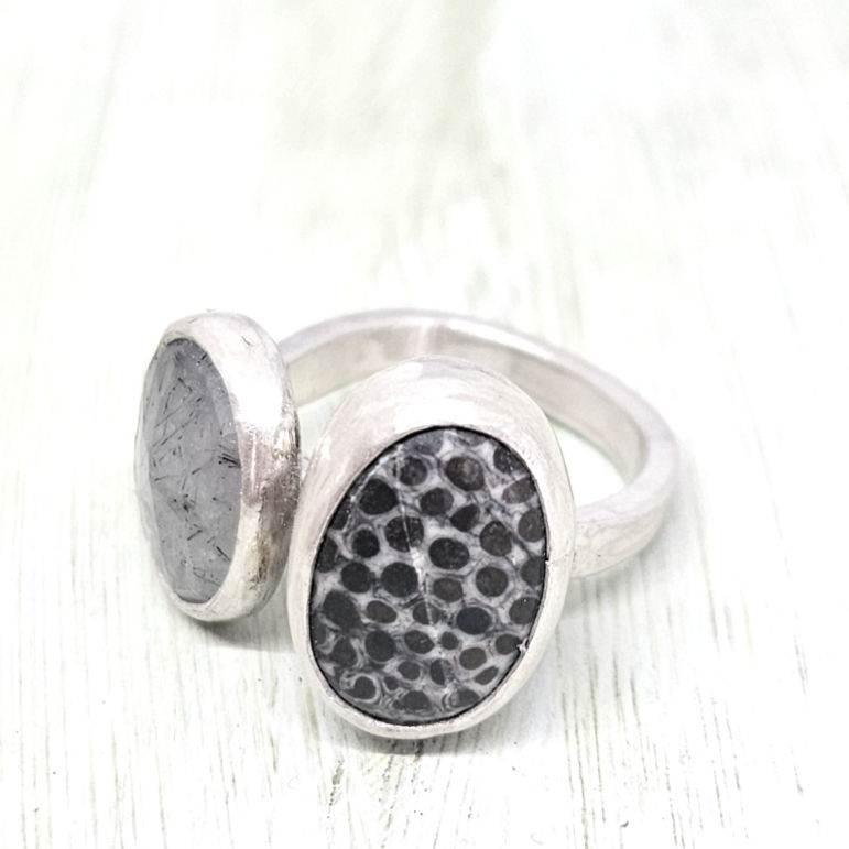 Thumbnail: Double Stone Ring - Fossilised Coral and Dendrite Agate