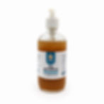 Clear bottle with white and teal label amber liquid and white pump attachment