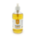 Clear bottle with white and yellow label amber liquid and white pump attachment