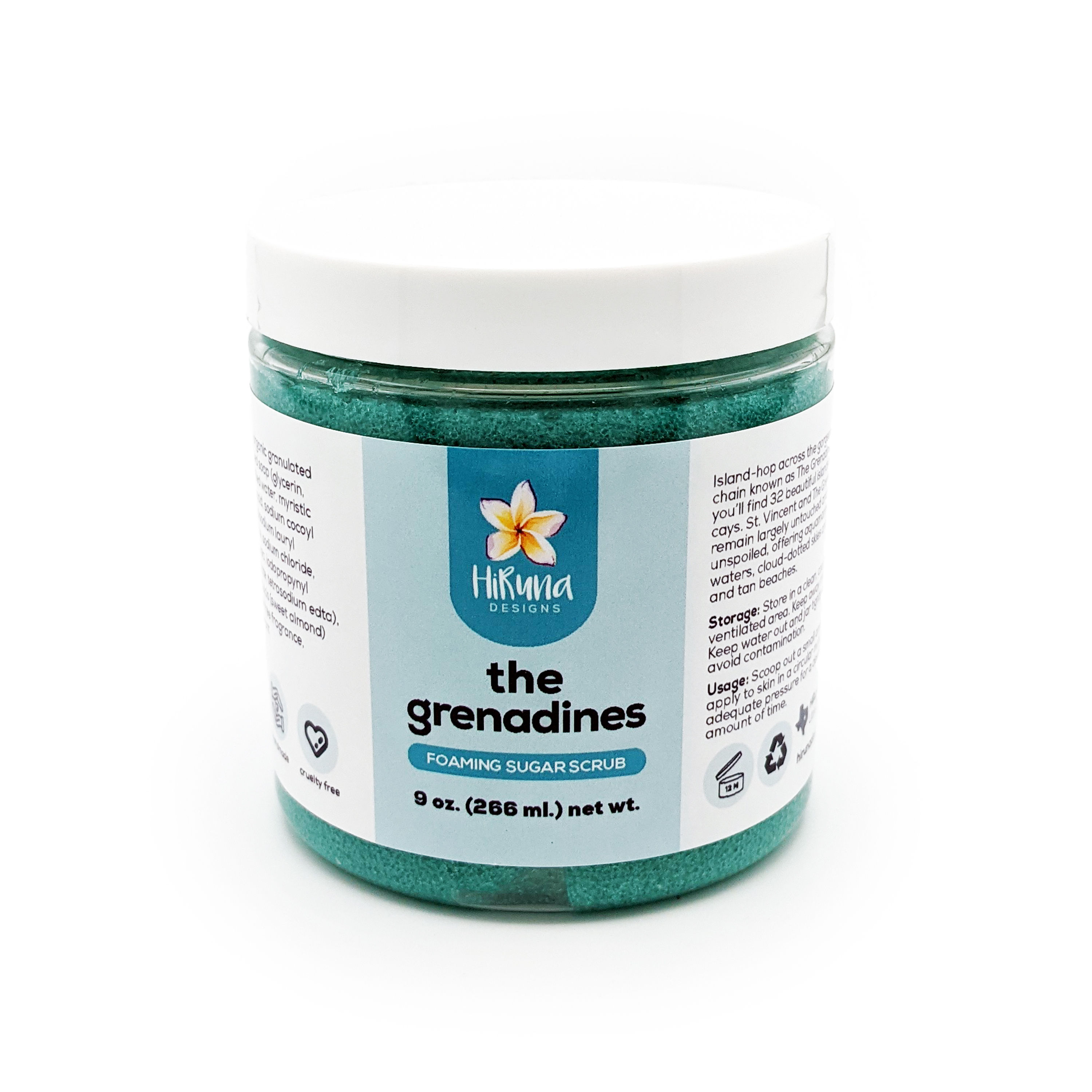 Clear jar with white lid teal and white label containing teal textured sugar scrub