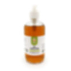 Clear bottle with white and bright green label amber liquid and white pump attachment