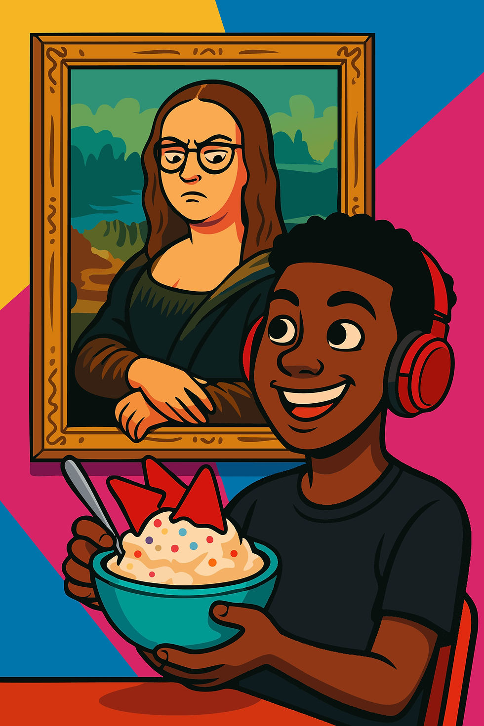 A colorful cartoon-style image of a smiling Black teen boy wearing red headphones, holding a bowl of ice cream topped with spicy chips. Behind him hangs a Mona Lisa-inspired painting of his white mom with round glasses, giving him a sharp side-eye “Death Stare” as her eyes appear to follow him across the room.