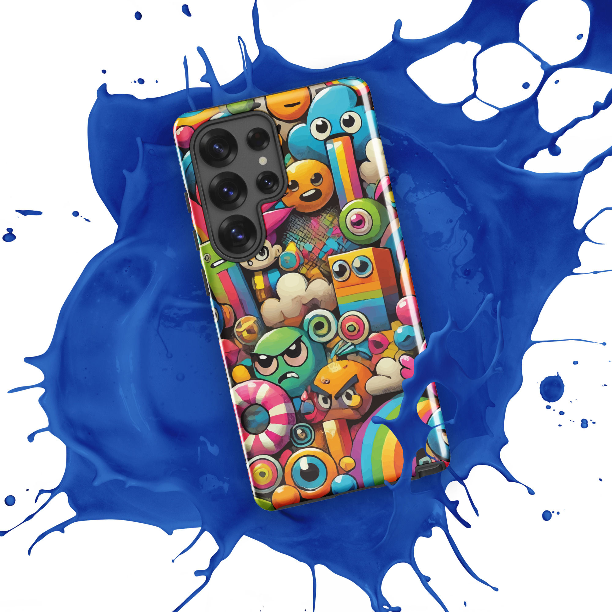 Bright rainbow phone case covered in expressive emoji faces, symbolizing emotional variety; dual-layer design for impact prot