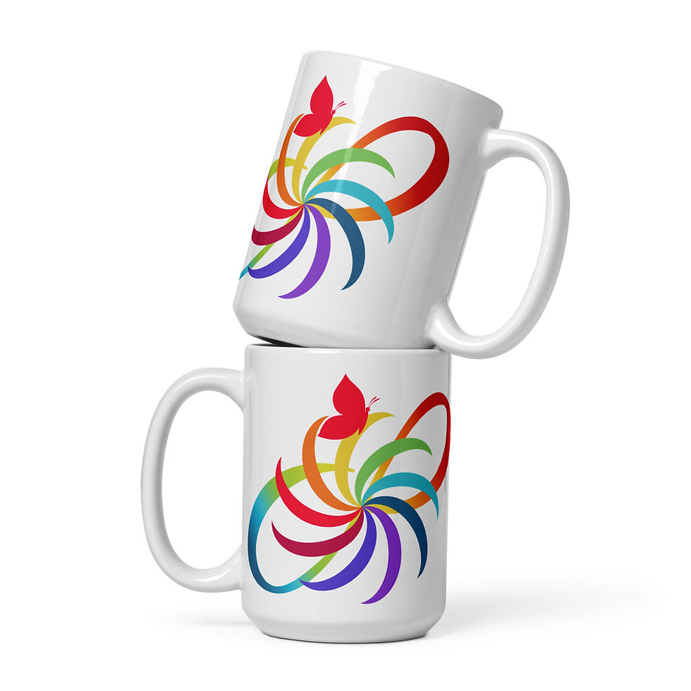 Thumbnail: Two 15oz mugs stacked with handles point to left and right with rainbow colored ND Life Icon