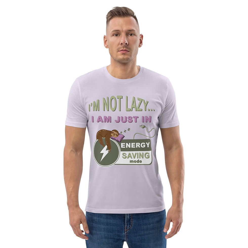 Thumbnail: man in lavender short sleeve tee that says "I'm not lazy, I'm just in energy saving mode" with a sleeping sloth