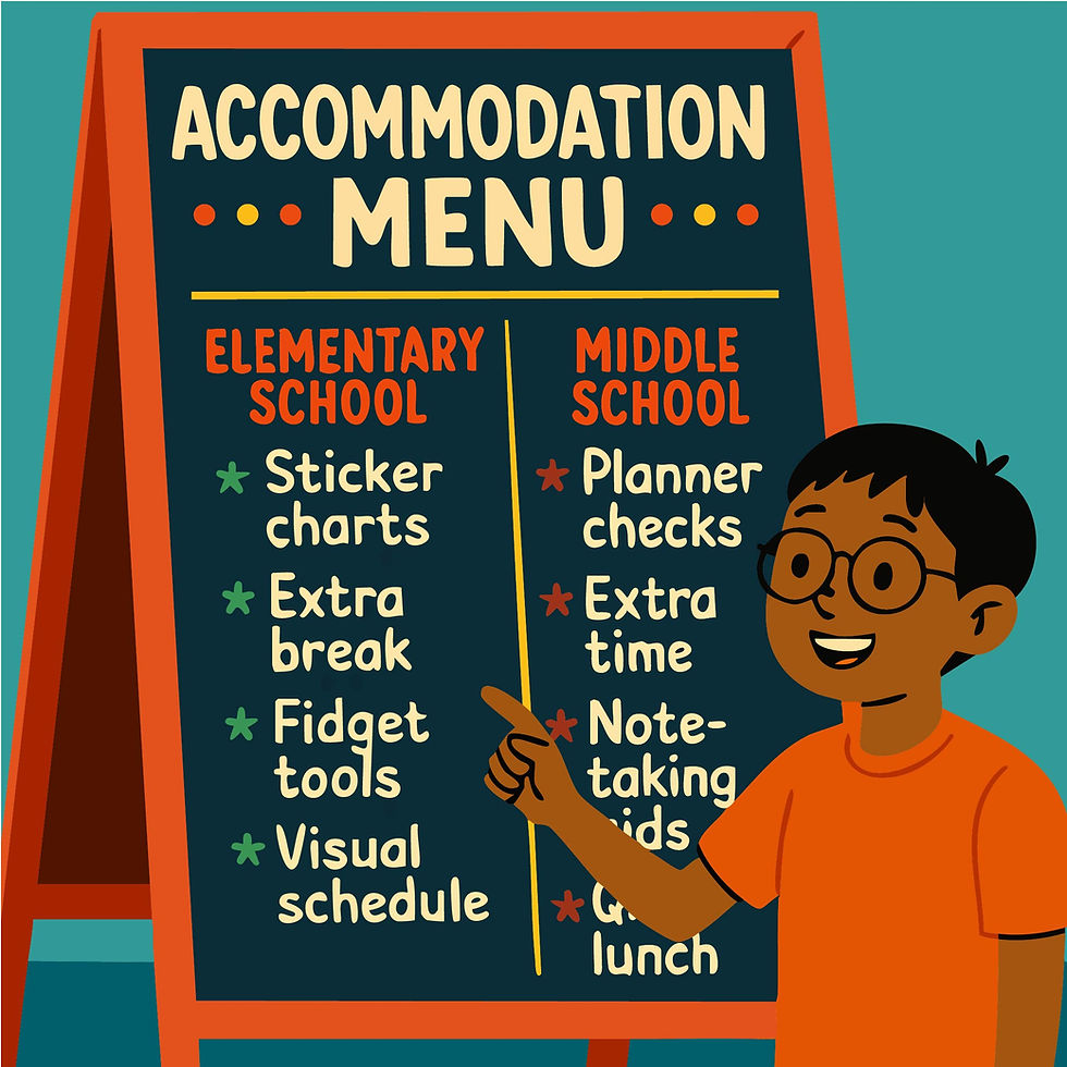 A vibrant, colorful digital illustration titled “Accommodation Arcade” showing a whimsical high school hallway transformed into a retro arcade. Each arcade game represents a high school 504 Plan support — “Extra Time,” “Cool Down Zone,” “Fidget Station,” “Study Guide Shuffle,” and “Alternate Testing Lounge.” A diverse group of teens, including a Black teen boy with red headphones and a backpack, are engaging with the games, smiling and interacting, while lockers and neon lights glow in the background.