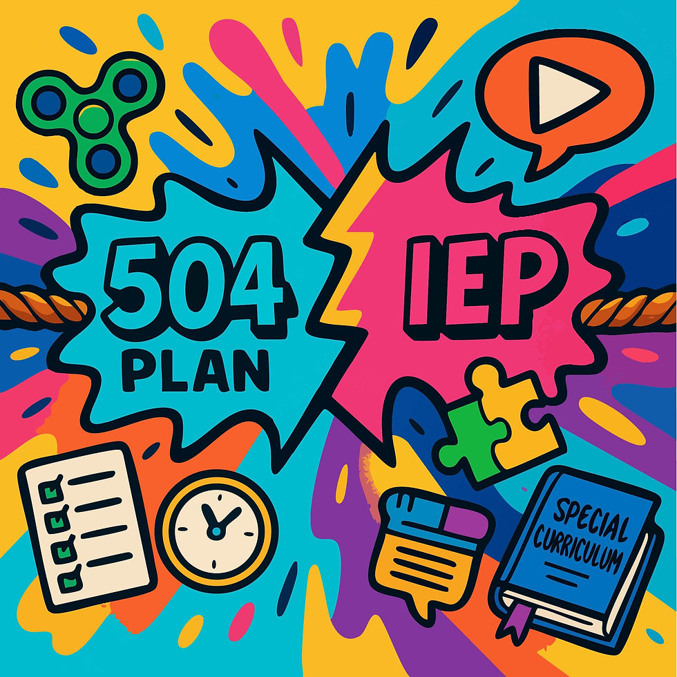Colorful graffiti-style illustration of a tug-of-war between “504 Plan” and “IEP,” each side surrounded by icons representing their differences, such as fidget tools, clocks, checklists, puzzle pieces, and special curriculum.