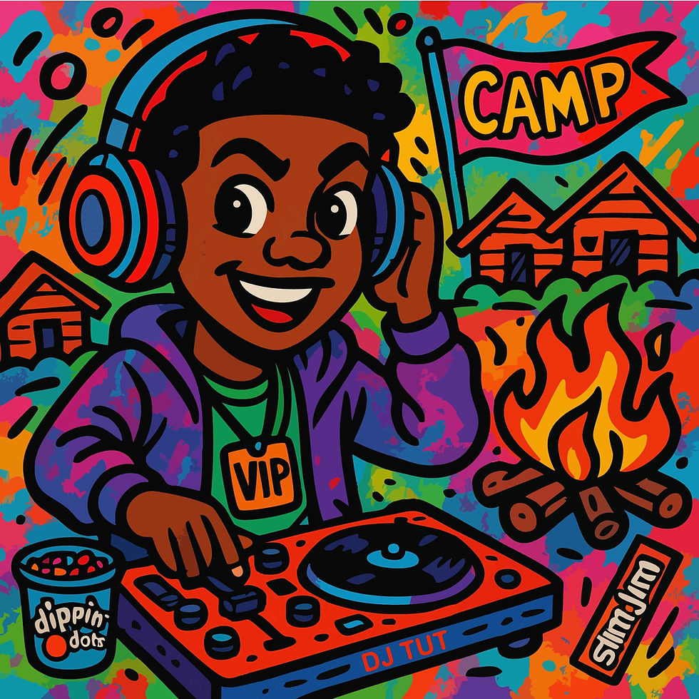 Cartoon of Kei at the DJ booth spinning beats outside the cabins with is favorite Dippin Dots and Slim Jims next to him.