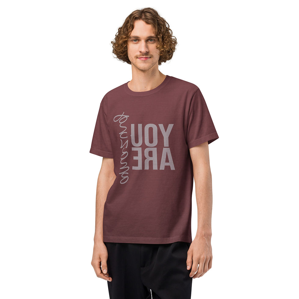 Thumbnail: man in maroon Backwards print oversized streetwear t-shirt with ‘You Are Amazing’ text designed to be read in the mirror.