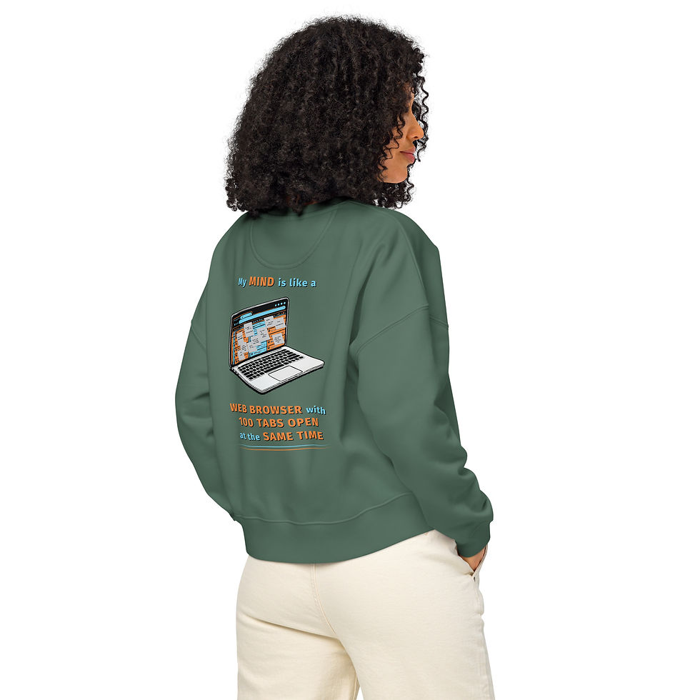 Thumbnail: woman in green sweatshirt that says My Mind is like a web browser quote and  image of computer