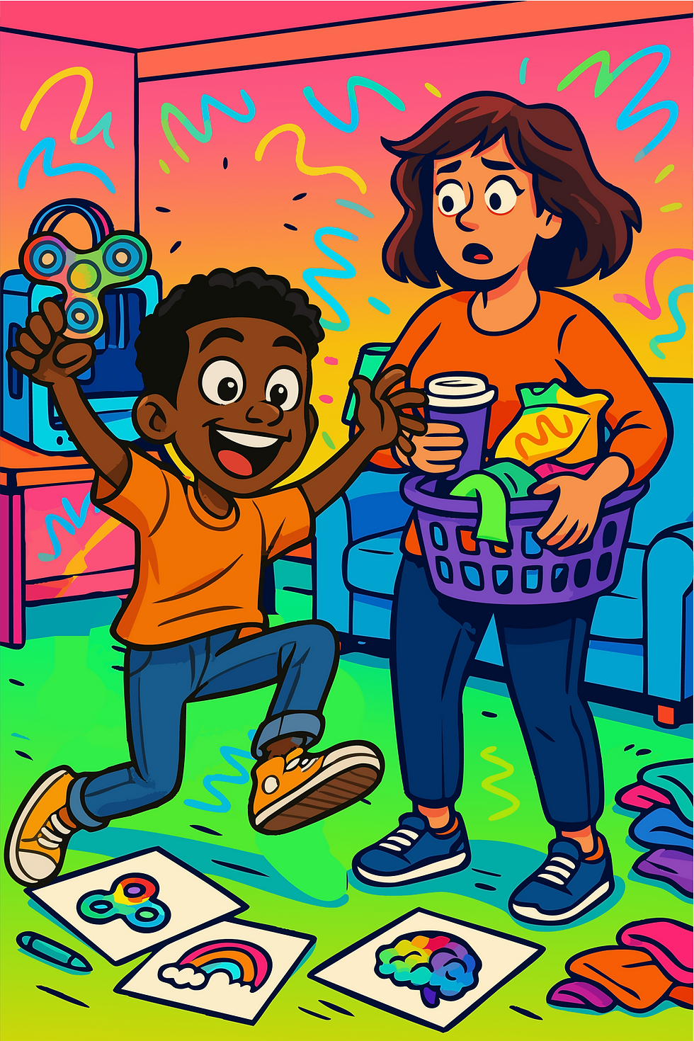 Cartoon of overwhelmed white mom in a "Neuro-Jammin'" shirt and her energetic Black son jumping with a fidget toy, surrounded by creative chaos and a 3D printer.