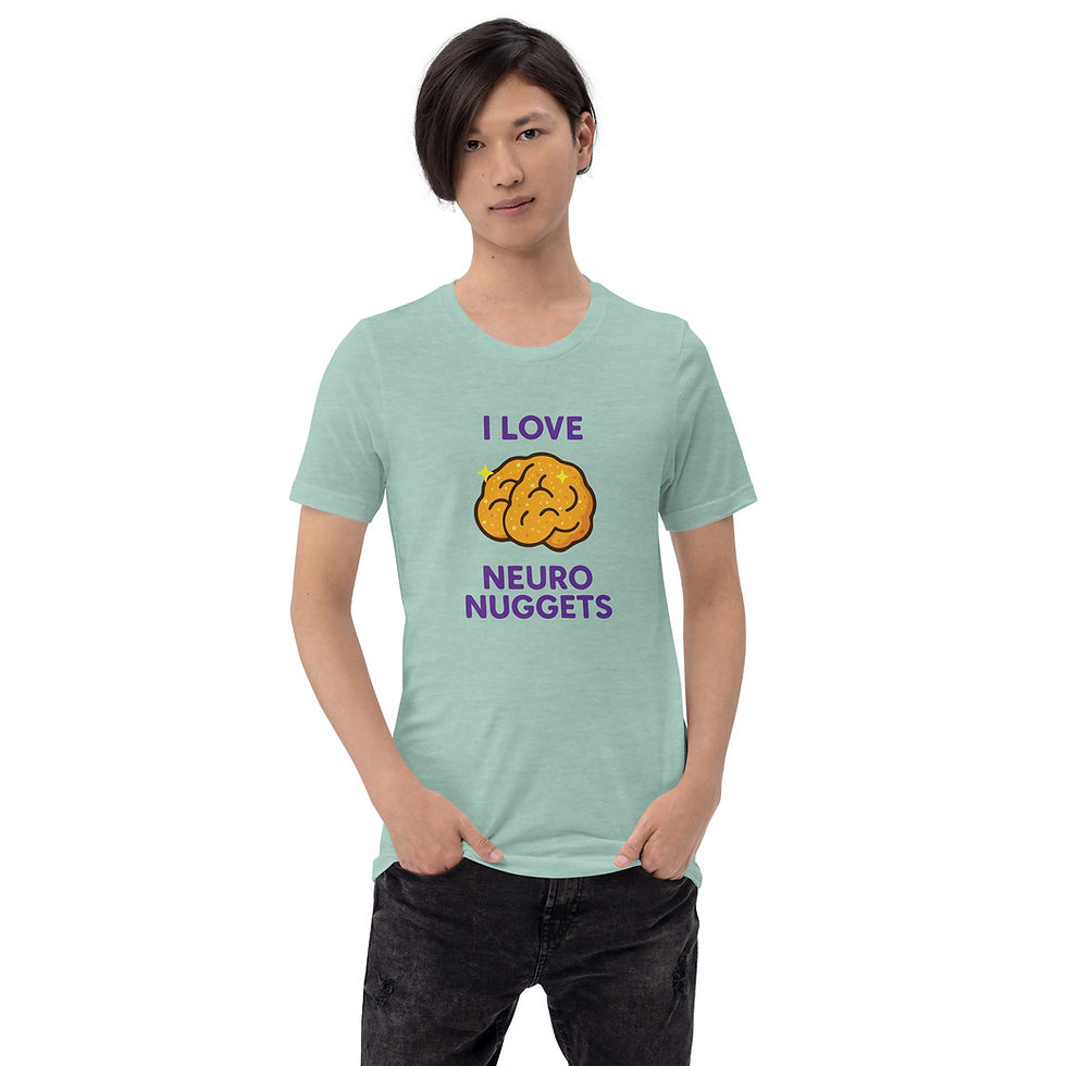 Thumbnail: Man modeling green short sleeve that says I Love Neuro Nuggets