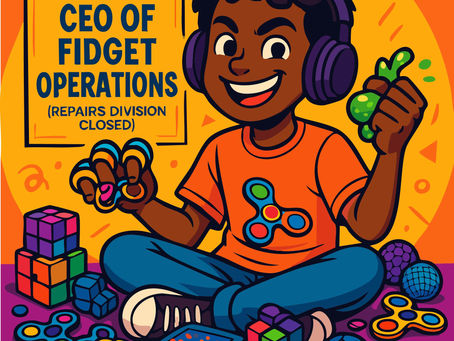 Black Boy sitting testing fidget toys with a sign that says CEO of Fidget Operations, Repairs Division closed