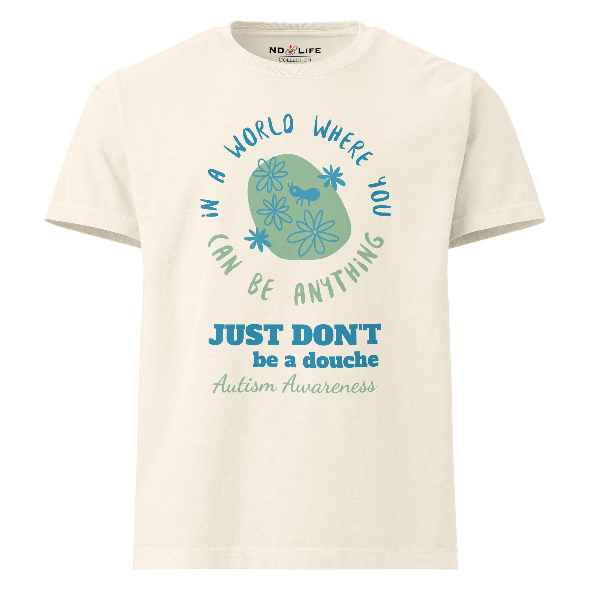 Funny cream autism awareness shirt oversized tee with “don’t be a douche” slogan in vintage streetwear style