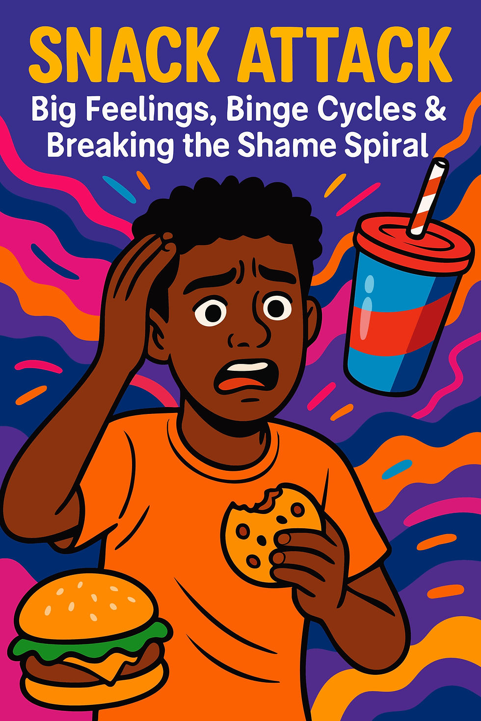 A colorful, ADHD-inspired vector illustration of Kei, a young African American teen, sitting in a storm of snacks and emotions — donuts, chips, and soda flying around — symbolizing emotional dysregulation, binge cycles, and snack chaos. The vibrant background bursts with energy, reflecting big feelings and ADHD overwhelm. Text overlay: ‘Snack Attack: Big Feelings, Binge Cycles & Breaking the Shame Spiral.