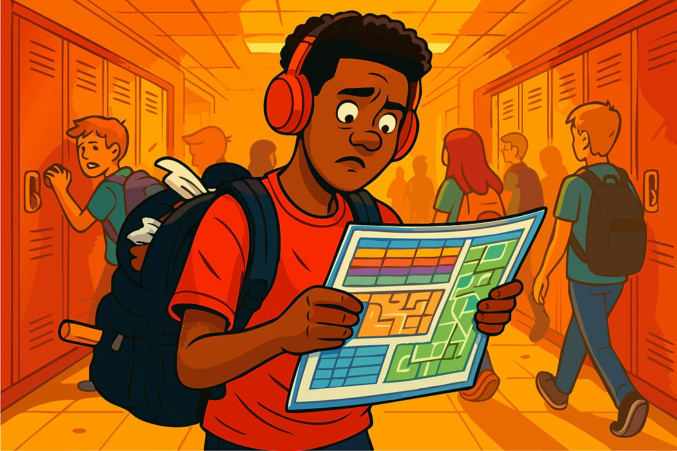 African American teenage boy wearing bright red headphones and a red shirt stands in a vivid, brightly colored high school hallway. He holds and studies a laminated class schedule and school map, surrounded by other students with backpacks walking past red lockers under glowing yellow-orange lighting.