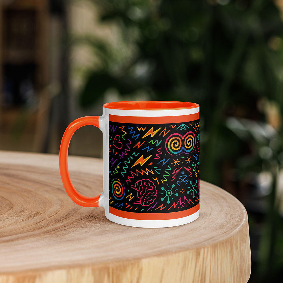 Left Handed Ceramic mug with bright orange interior and an exterior design featuring colorful swirls, brains, zigzags, etc