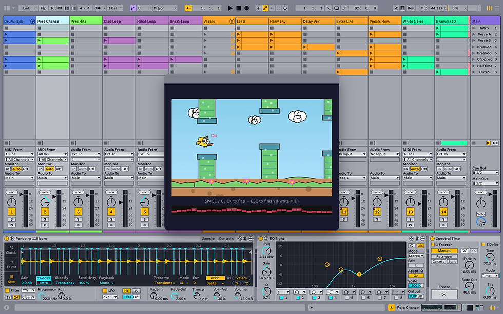 Gamify music making with Bird Game, a playful Extension that generates MIDI notes with each flap of your bird’s wings. Created by Federico Pepe.