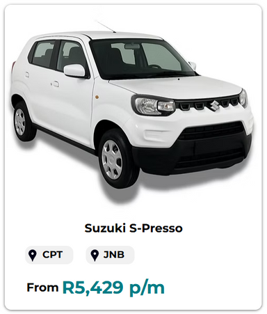 The Suzuki S-Presso is one of South Africa’s most affordable compact crossovers, praised for its bold styling, high driving position, and practical design. With generous cabin space, excellent fuel efficiency, and city-friendly dimensions, the S-Presso is ideal for urban commuting and weekend getaways. Built with features like air conditioning, power steering, ABS, and modern infotainment, it delivers an appealing combination of comfort, safety, and everyday value.